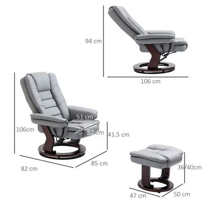 HOMCOM Manual Recliner and Footrest Set PU Leather Leisure Lounge Chair Armchair with Swivel Wood Base, Grey 
