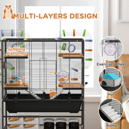 PawHut Large Hamster Cage, Gerbil Cage with Tubes, Storage Shelf, Ramps, Platforms, Running Wheel - Black 