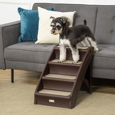 PawHut Foldable Four-Step Pet Stairs, for Cats, Small Miniature Dogs, with Non-Slip Mats 62 x 38 x 49.5cm - Brown 