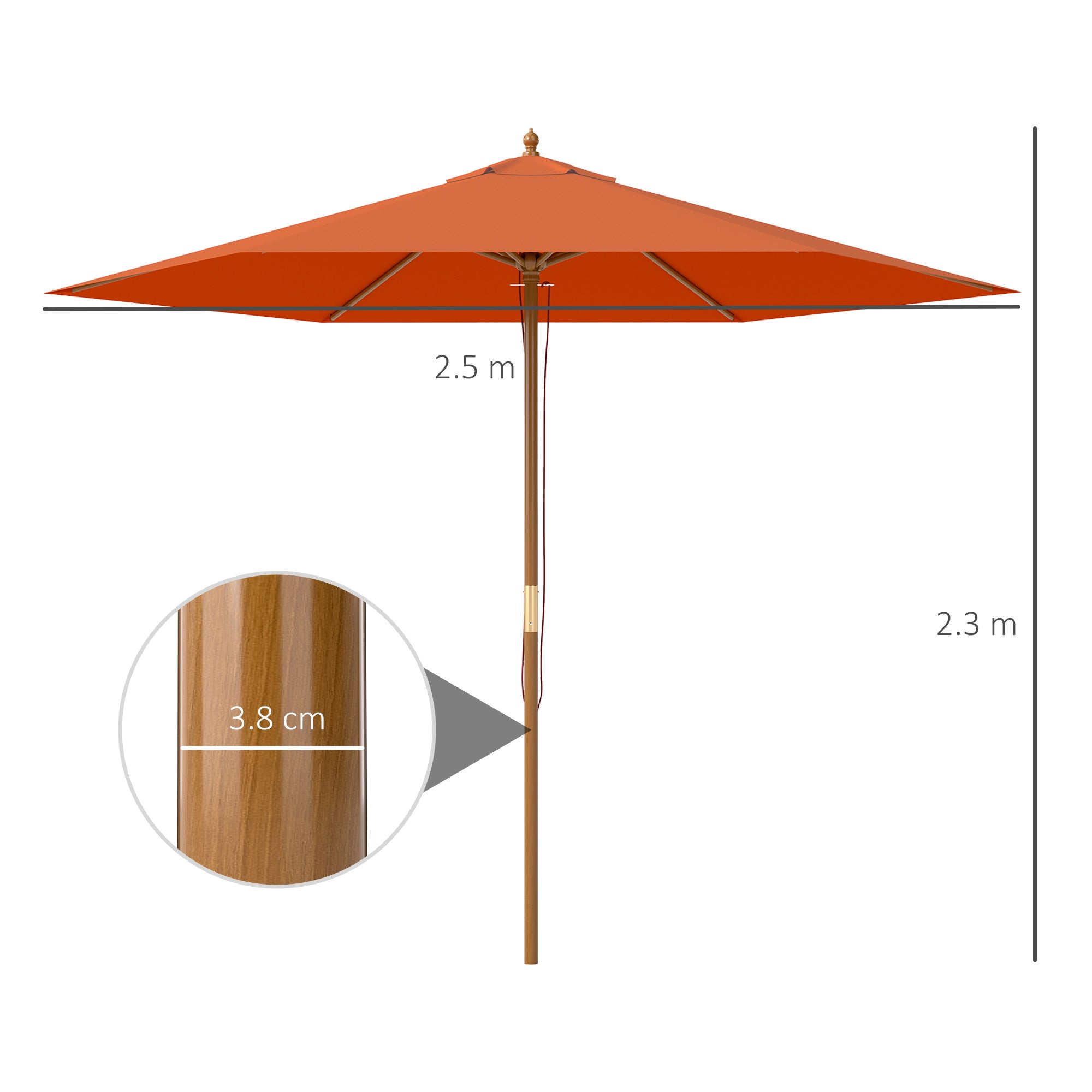 Outsunny 2.5m Wood Garden Parasol Sun Shade Patio Outdoor Wooden Umbrella Canopy Orange 