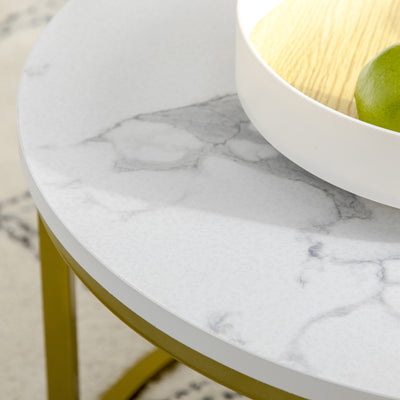 HOMCOM Coffee Table Set of 2, Round Nest of Tables with Faux Marble Tabletop and Metal Frame, Modern Side Tables for Living Room, White 