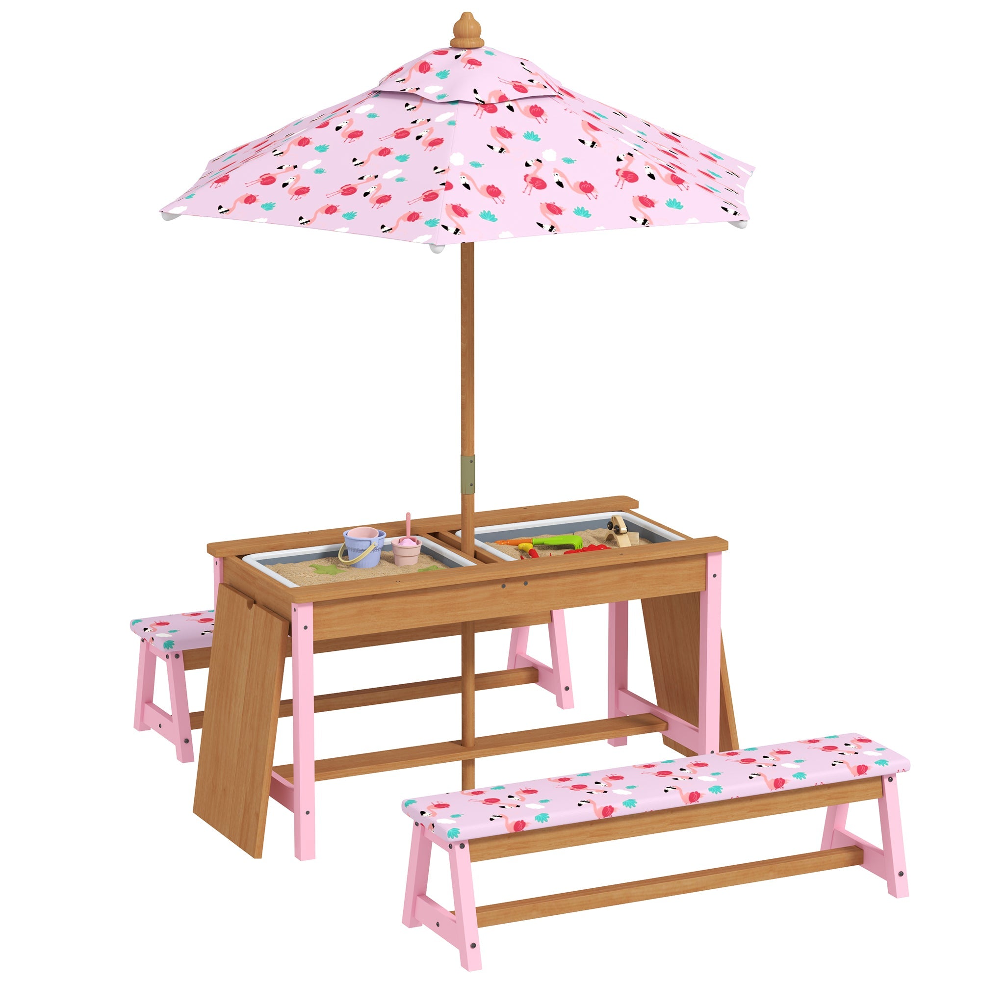 AIYAPLAY Kids Picnic Table Set with Removable & Foldable Umbrella, Cushions, Storage Boxes, Flamingo Theme, Pink 