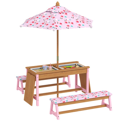 AIYAPLAY Kids Picnic Table Set with Removable & Foldable Umbrella, Cushions, Storage Boxes, Flamingo Theme, Pink 