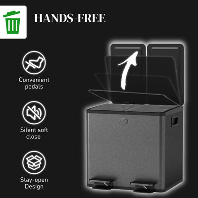 HOMCOM 30L Dual Compartment Stainless Steel Bin, with Deodoriser Holders - Black 
