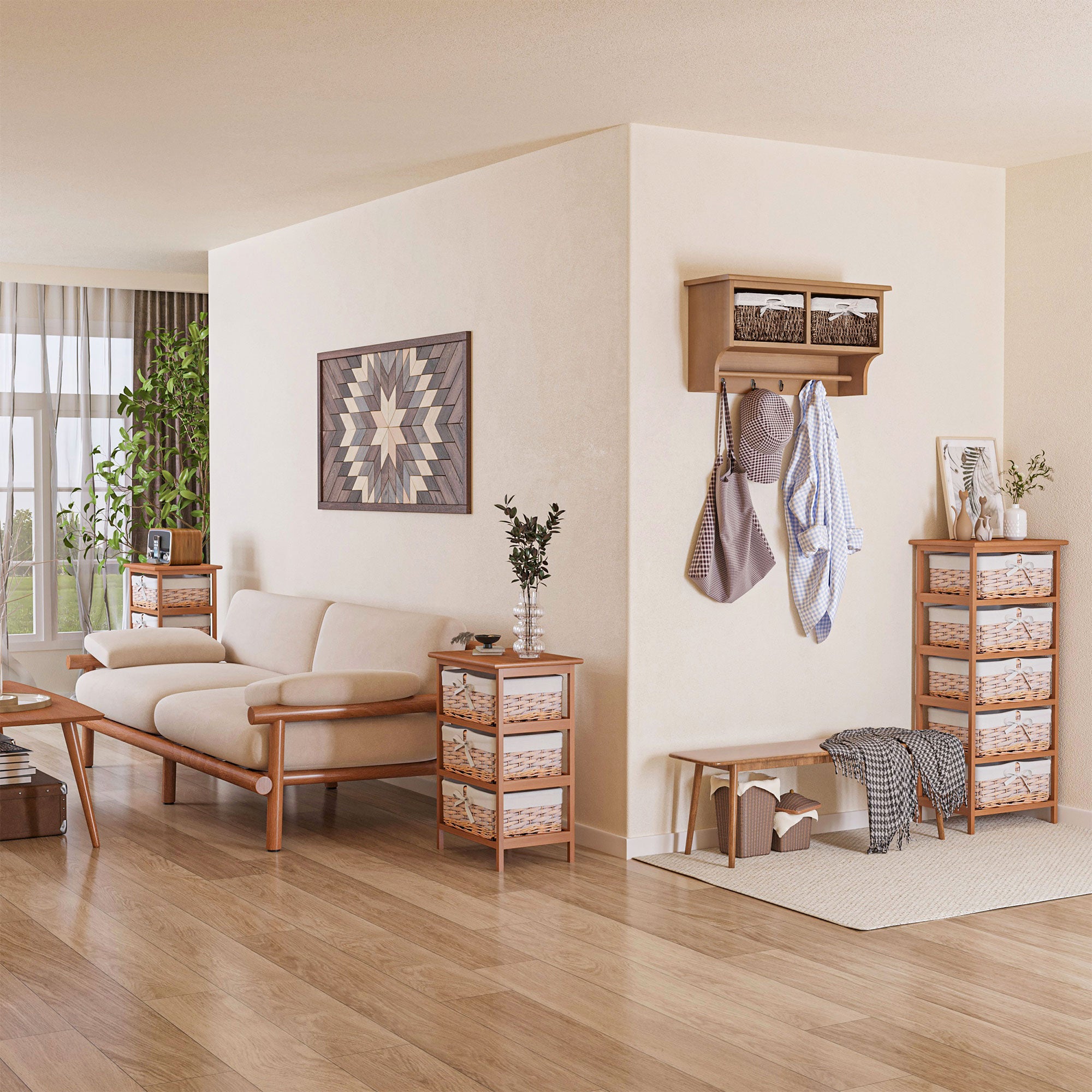 HOMCOM 5 Drawer Dresser Wicker Basket Storage Shelf Unit Wooden Frame Home Organisation Cabinet Bedroom Office Furniture Natural Finish 