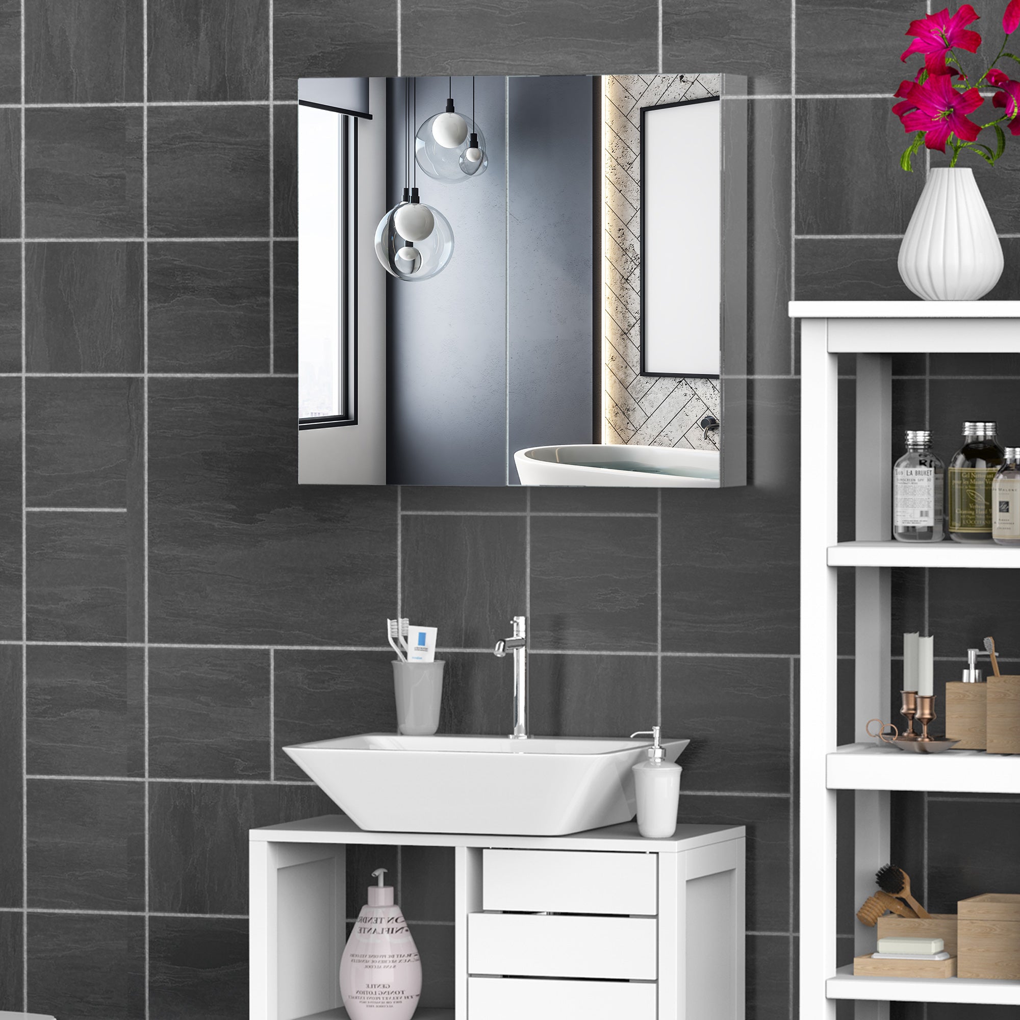 HOMCOM Bathroom Mirror Cabinet, Stainless Steel Wall Mounted  Bathroom Storage Cabinet with Double Doors, 60x55cm 