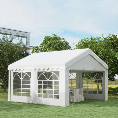 Outsunny 4m x 4m Marquee Party Tent Wedding Canopy, Pop Up Gazebo with Sidewalls, Doors, Windows, Galvanised Garden Gazebo for Parties Events, White 