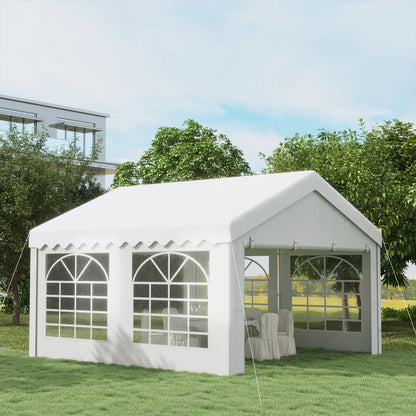 Outsunny 4m x 4m Marquee Party Tent Wedding Canopy, Pop Up Gazebo with Sidewalls, Doors, Windows, Galvanised Garden Gazebo for Parties Events, White 