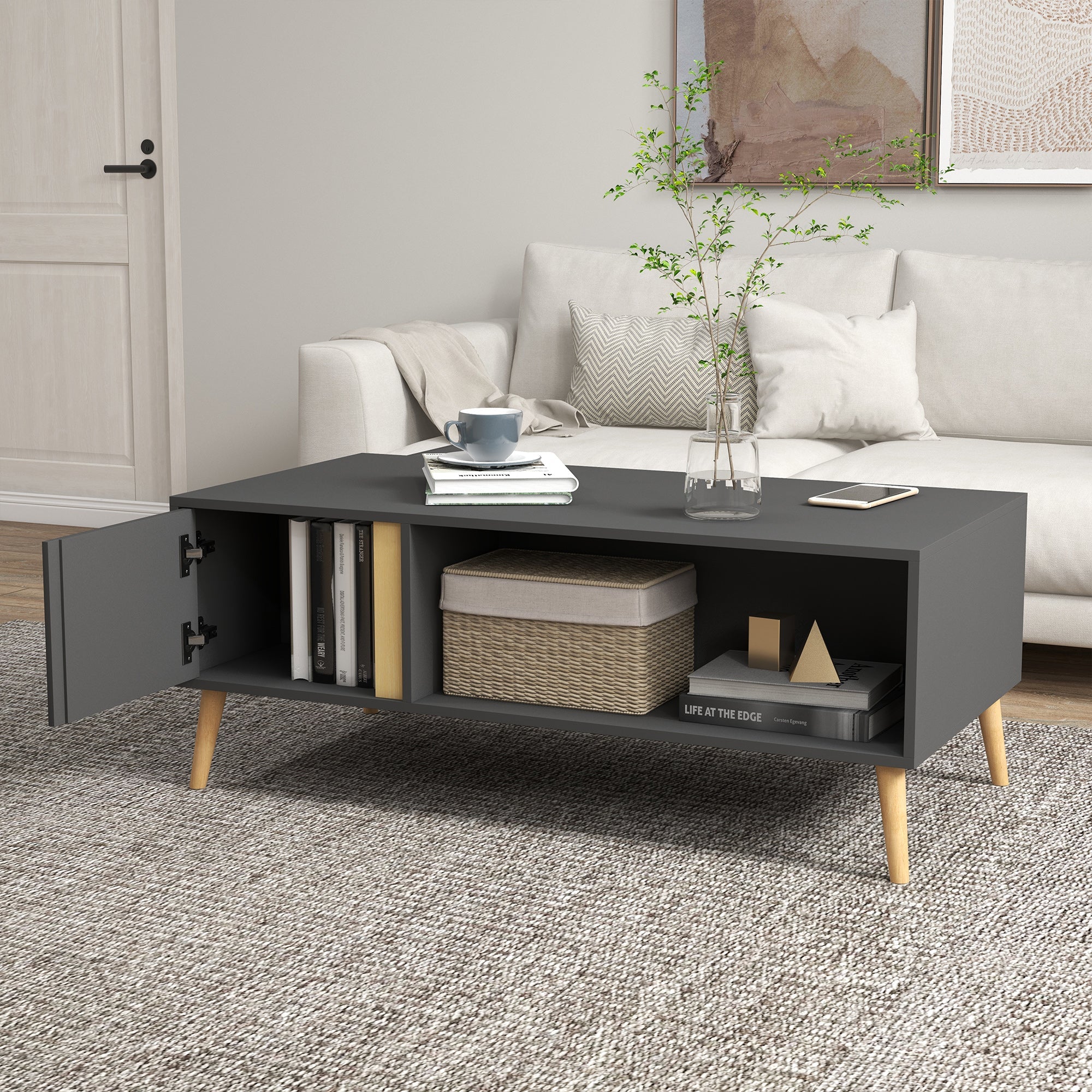 HOMCOM Coffee Table for Living Room, Modern Centre Table with Storage Compartments and Cabinets, Rectangular Side Table, 115x 58x 45cm, Grey 