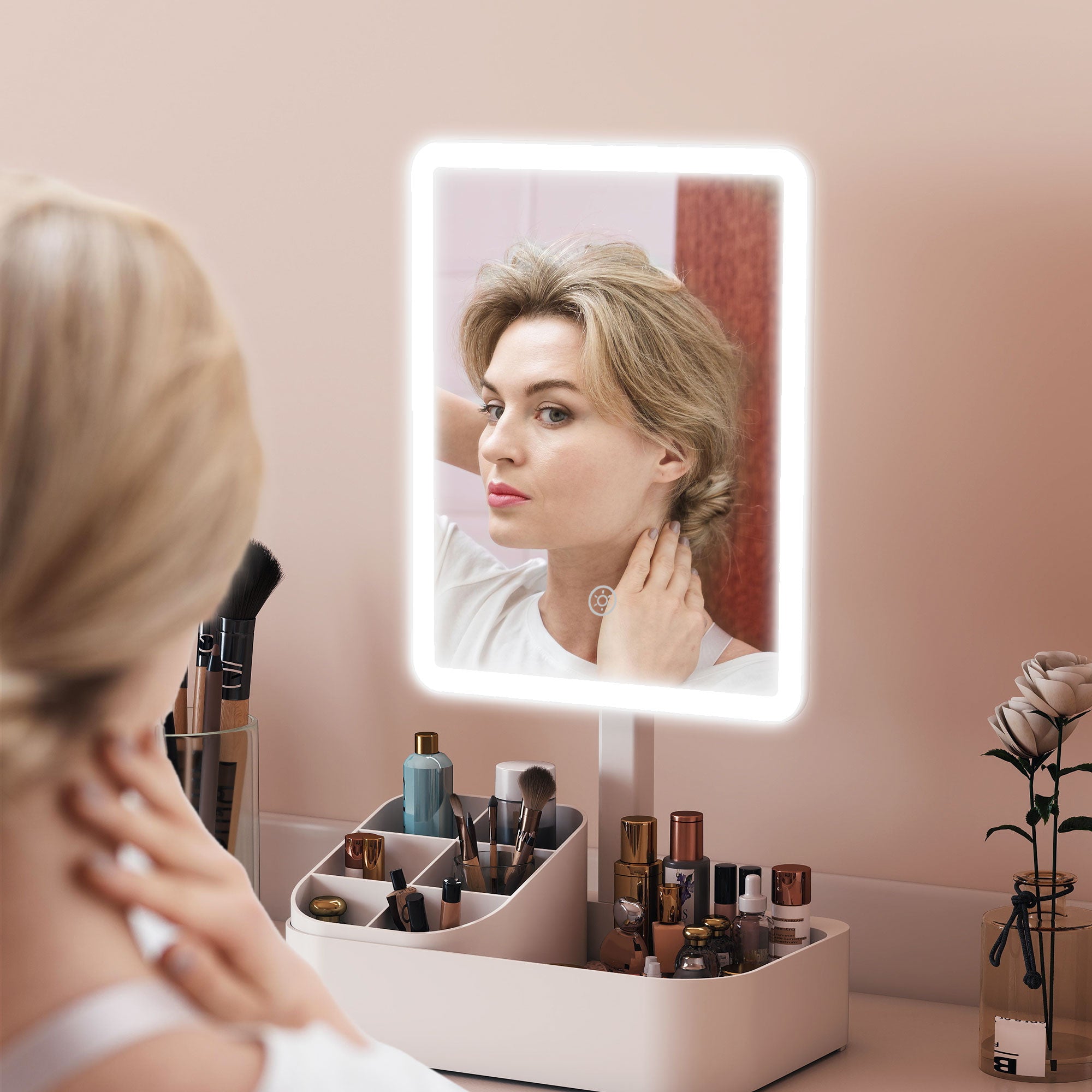 HOMCOM Makeup Mirror with Lights, Rechargeable Vanity Mirror w/ Touch Screen, 2 Lighting Modes and 180° Rotation, White 