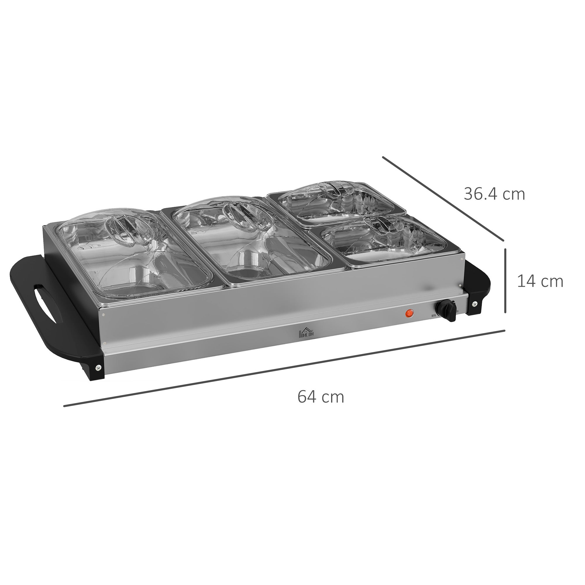 HOMCOM 4 Tray Electric Food Warmer Buffet Server with Warming Plate, Cool Touch Handles, Adjustable Temperature, 300W, 2 x 2.4L and 2 x 1L Pans 