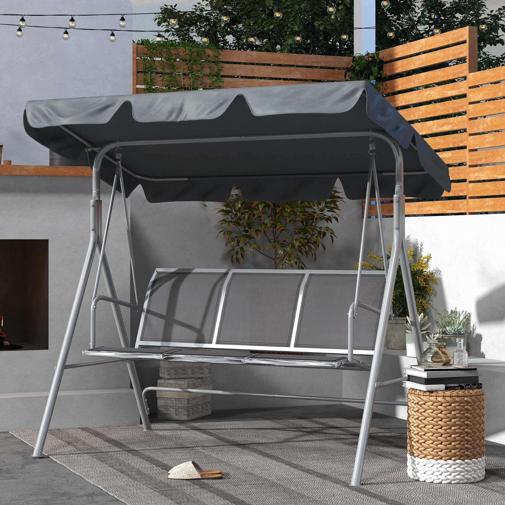 Outsunny 3 Seater Swing Chair, Garden Swing Bench with Adjustable Tilting Canopy, Breathable Mesh Seat and Heavy Duty Metal Frame for Patio, Garden, Dark Grey 