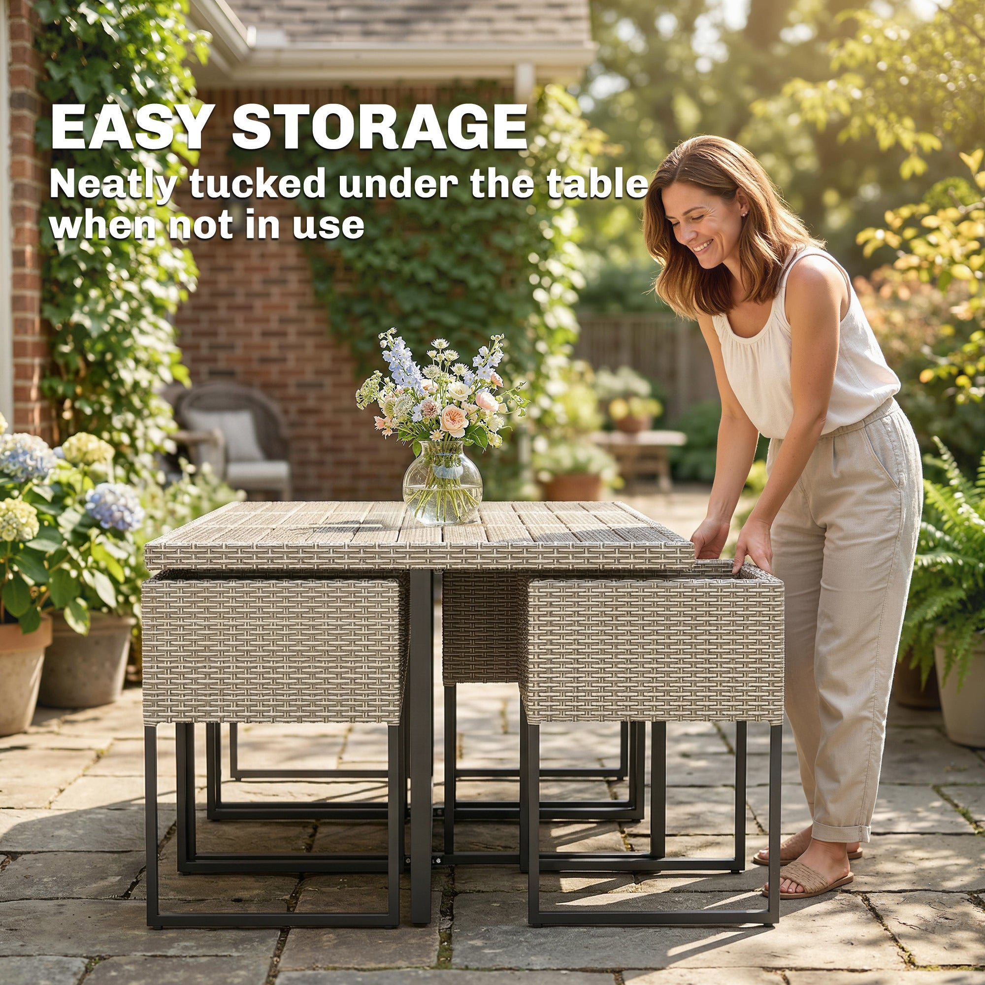 Outsunny 7 Piece Rattan Garden Furniture Set, Garden Dining Set with Wood-Plastic Table and 6 Stackable Chairs, Light Grey 