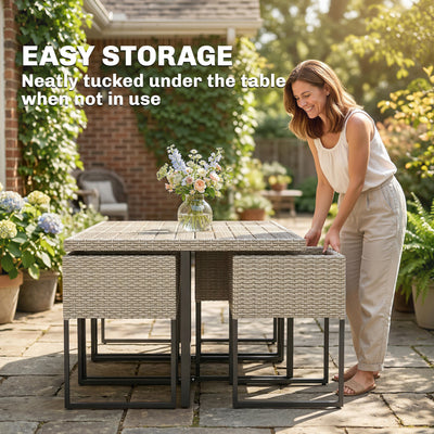 Outsunny 7 Piece Rattan Garden Furniture Set, Garden Dining Set with Wood-Plastic Table and 6 Stackable Chairs, Light Grey 
