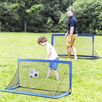 HOMCOM Set of 2 Football Goal Net 6 x 3 ft Foldable Outdoor Sport Training Teens Adults Football with Carrying Bag Blue 