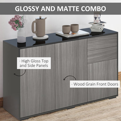 HOMCOM High Gloss Side Cabinet, Push-Open Design with 2 Drawers and 2 Cabinets for Living Room, 74H x 117W x 36Dcm, Light Grey and Black 