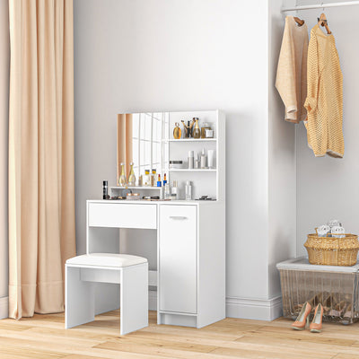 HOMCOM Dressing Table with Mirror and Stool, Vanity Table, Modern Makeup Desk with Drawer, Storage Cabinet and Adjustable Shelf for Bedroom, White 