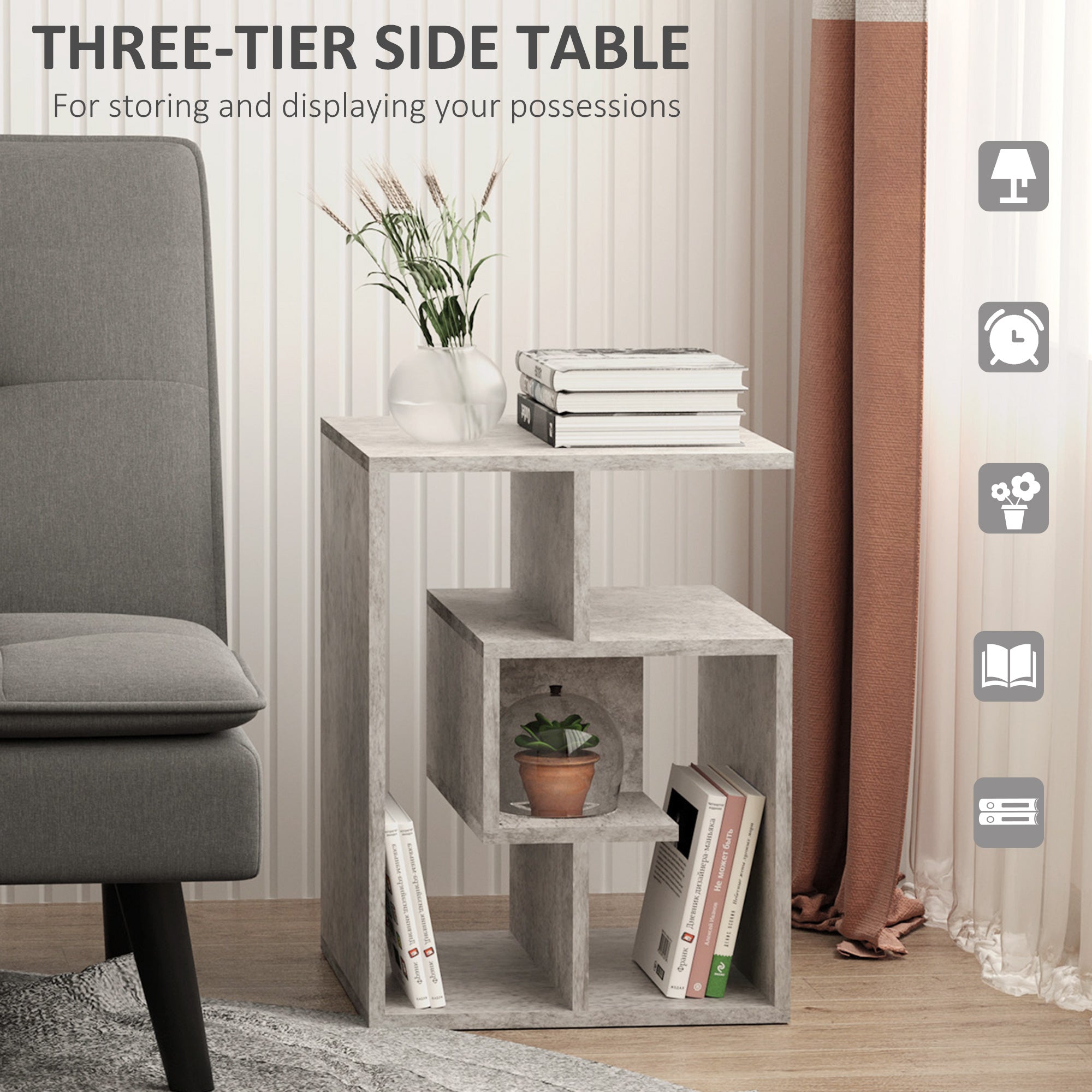 HOMCOM Side Table, 3 Tier End Table with Open Storage Shelves for Living Room, Bedroom, Cement Colour 
