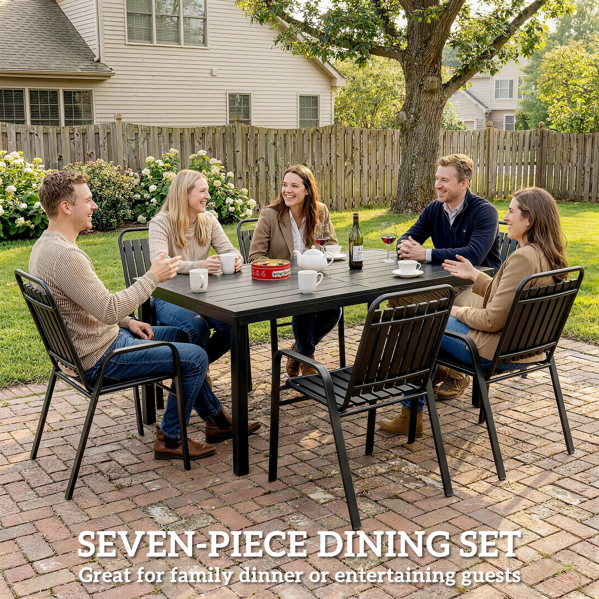 Outsunny 7 Pieces Outdoor Dining Set with Umbrella Hole, Garden Table and Chairs Set for 6 with Metal Table and Stackable Chairs 