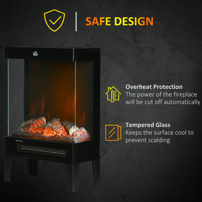 HOMCOM 180\'c2\'b0 Charming Electric Fireplace Heater, Quiet Freestanding Stove with LED Flame Effect, Level-less Temperature Control, Overheating Protection, 1000W/2000W, Black 