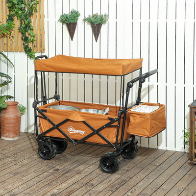 Outsunny Folding Trolley Cart Storage Wagon Beach Trailer 4 Wheels with Handle Overhead Canopy Cart Push Pull For Shopping Camping, Orange 