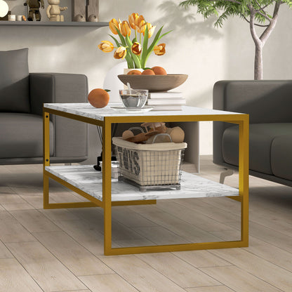 HOMCOM Coffee Table, Two-Tier Marble Centre Table with Metal Frame and Storage Shelf for Living Room, 106 x 50 x 45cm, White 