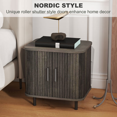 HOMCOM Bedside Table, Nordic Side Table with Roller Shutter Style Sliding Doors and Metal Legs for Bedroom, Living Room, Grey 