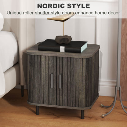 HOMCOM Bedside Table, Nordic Side Table with Roller Shutter Style Sliding Doors and Metal Legs for Bedroom, Living Room, Grey