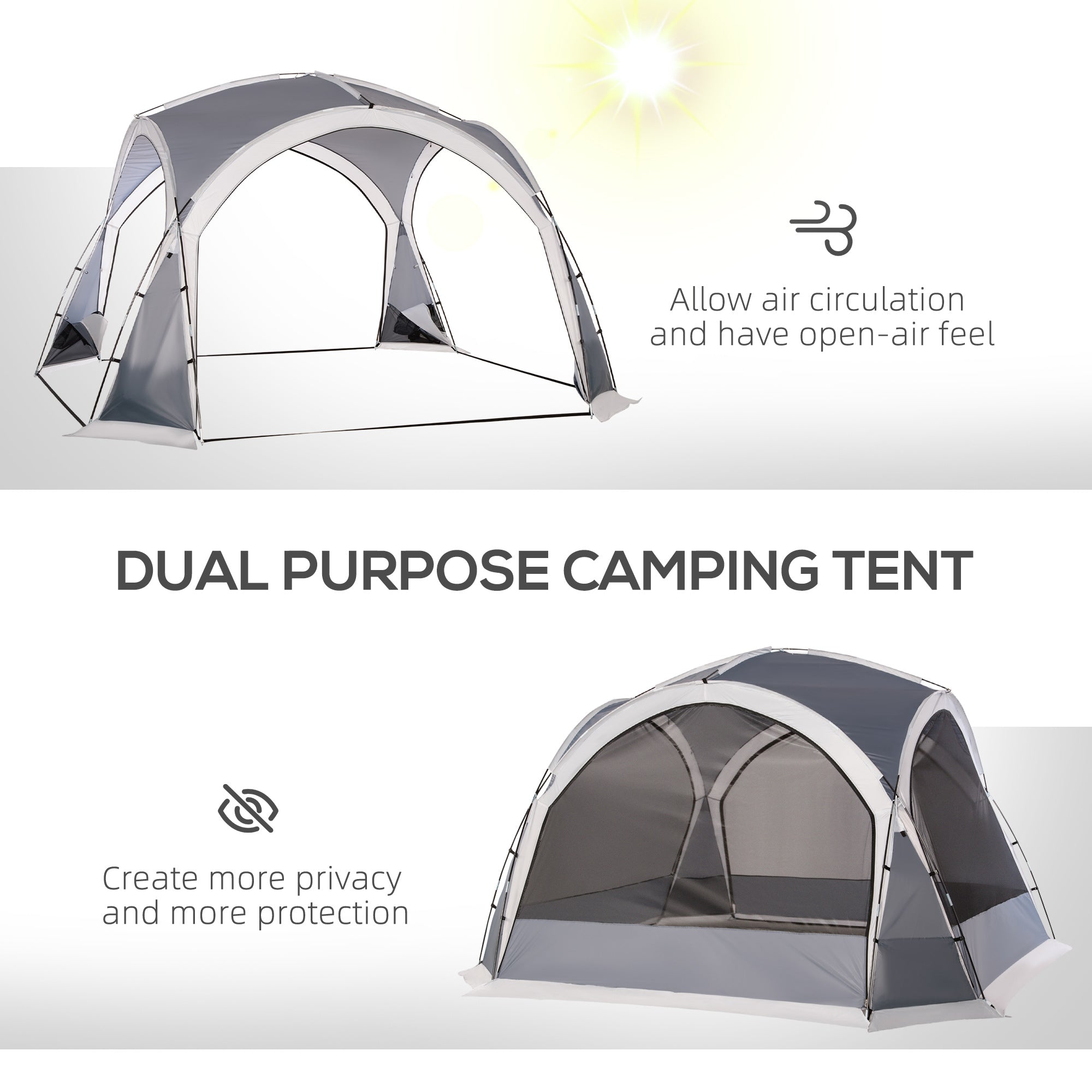 Outsunny Dome Tent for 6-8 Person, Camping Tent with 4 Zipped Mesh Doors, Removable Oxford Cloth, Lamp Hook, Portable Carry Bag, White and Grey 