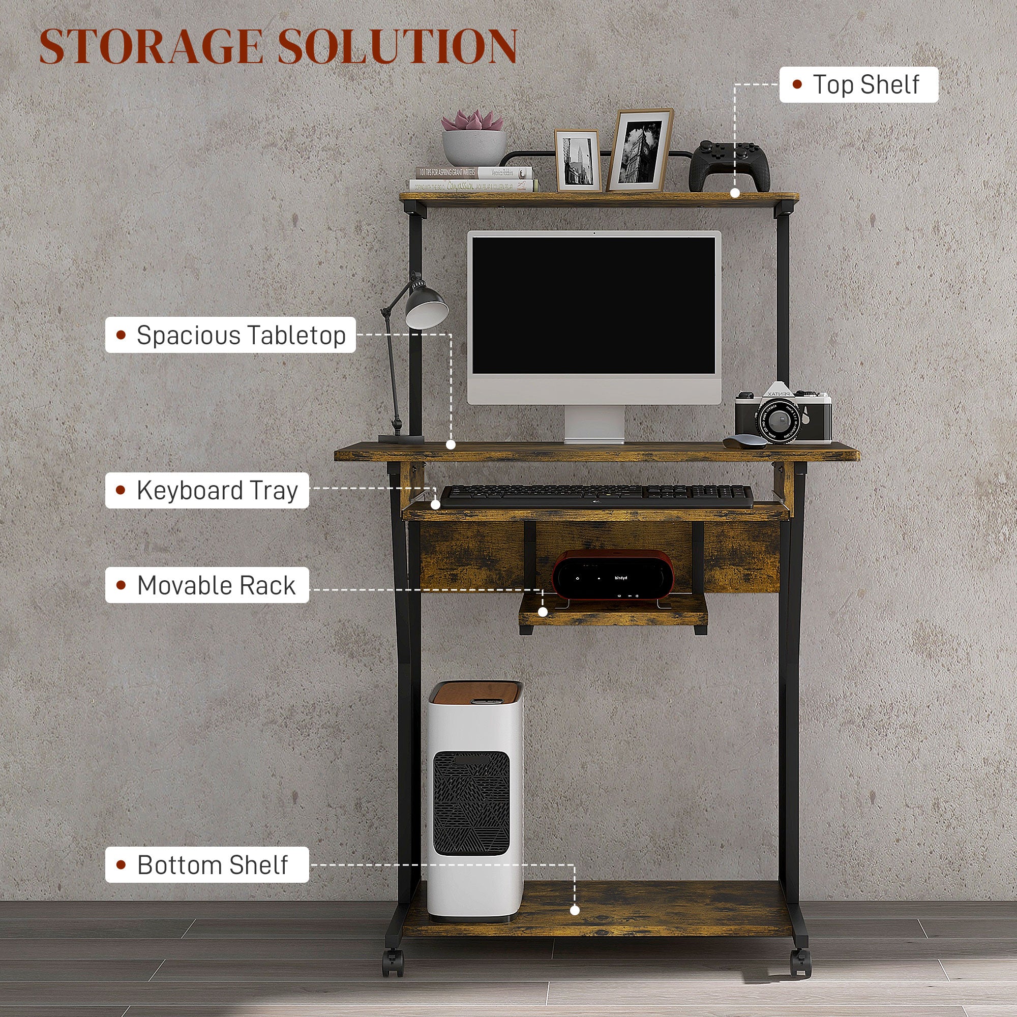 HOMCOM Multi-Storage Work Desk, with Sliding Keyboard Tray - Brown/Black 