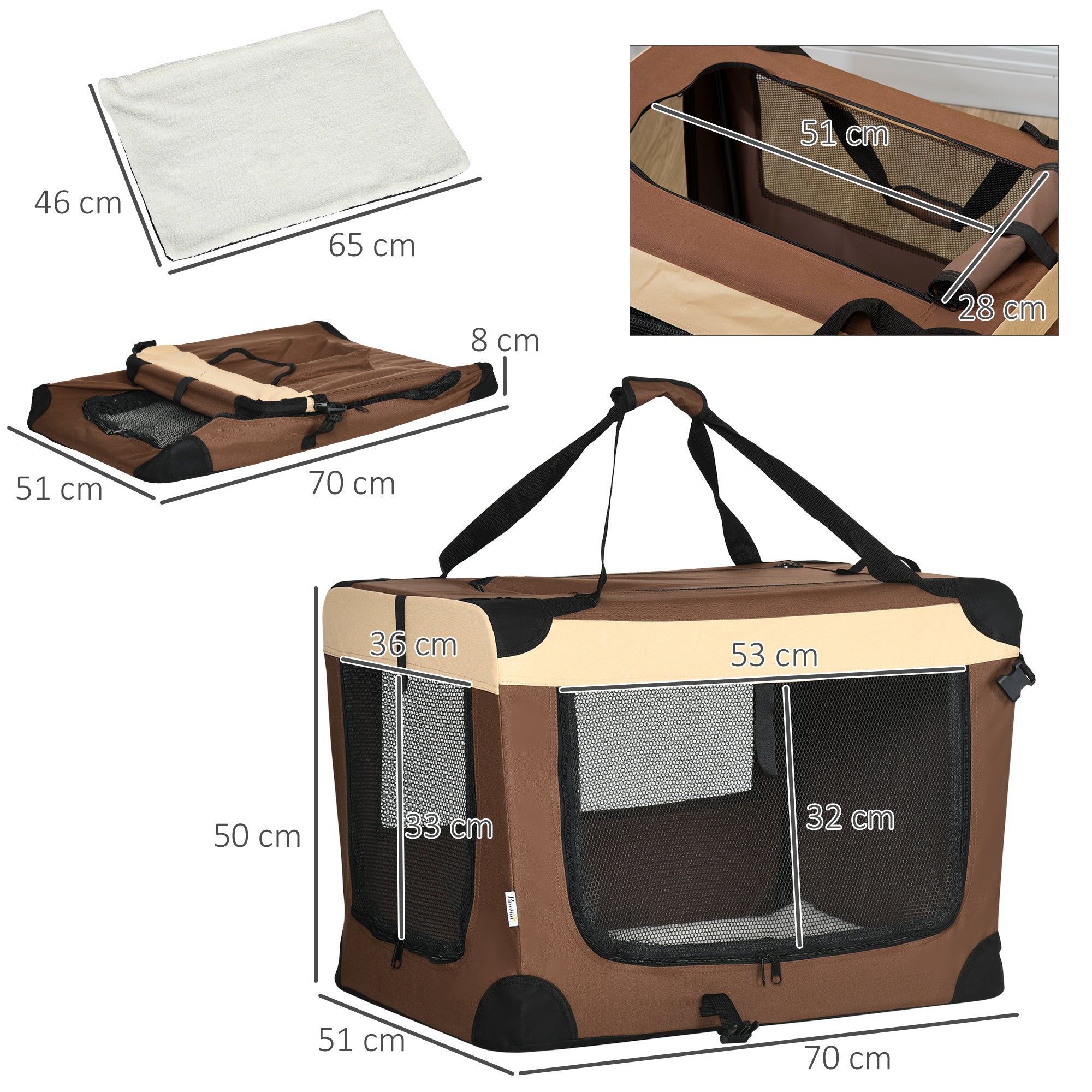 PawHut 70cm Foldable Pet Carrier, with Cushion, for Small Dogs and Cats - Brown 