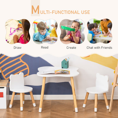 HOMCOM 3-Piece Kids Table and Chair Set with 2 Bear-Shaped Chairs, for Ages 1-4 Years, White 