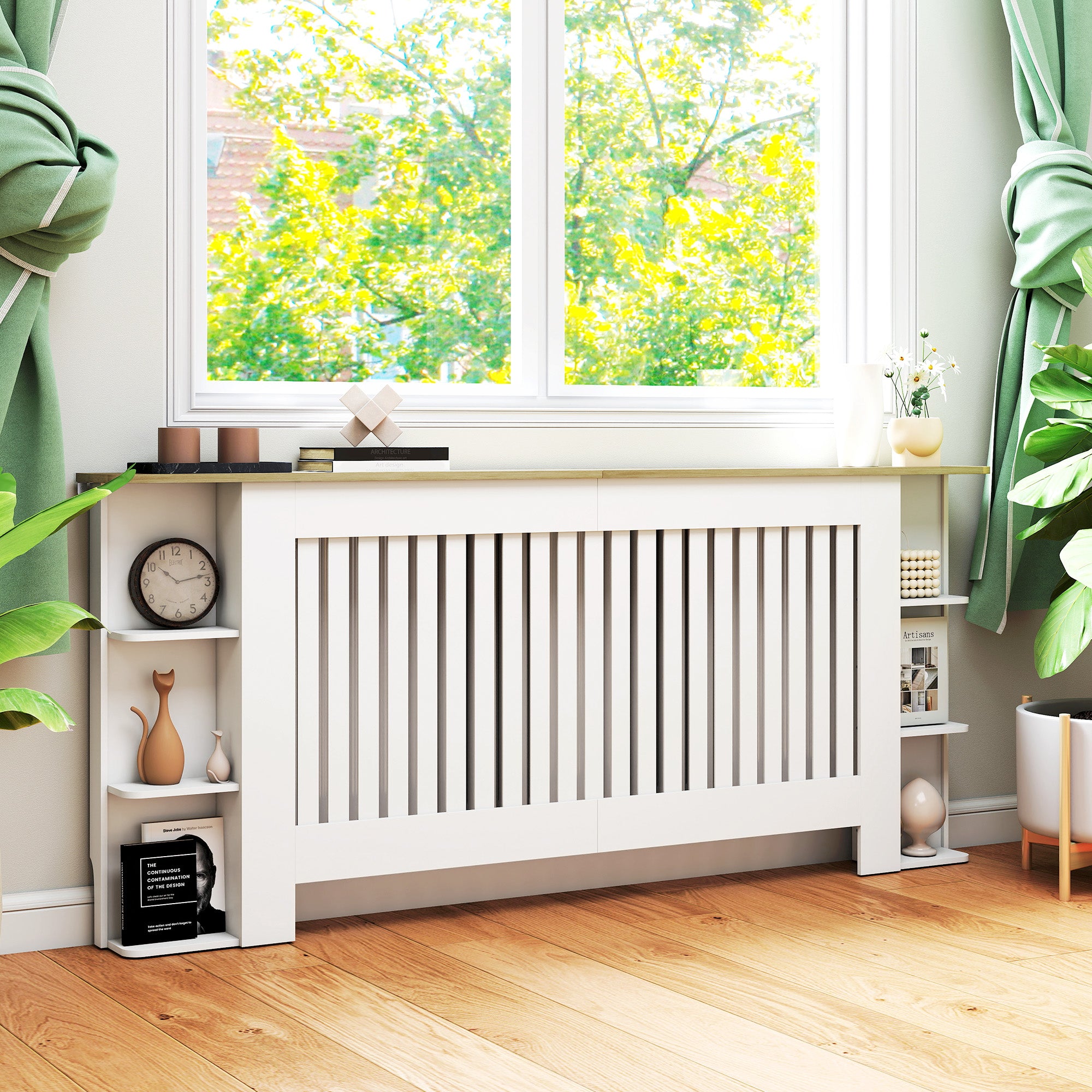 HOMCOM Radiator Cover with Open Storage Shelves, Vertical Slatted Cabinet Shelf Heater Cover for Living Room, Hallway, Extra Large, White 