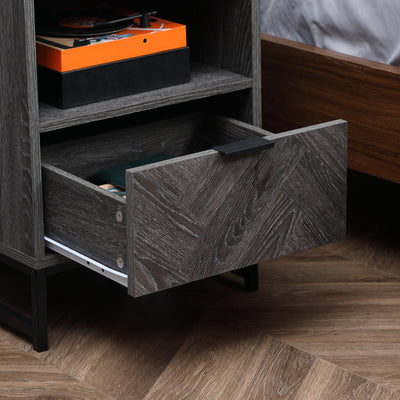 HOMCOM Bedside Table with Drawer and Shelf, Side End Table with Steel Legs for Living Room, Bedroom, Set of 2, Dark Grey 
