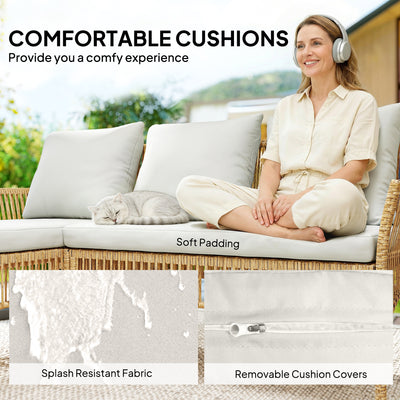 Outsunny 3 Piece Rattan Garden Furniture Corner Sofa Set with Chaise Lounge, Loveseat, Glass Coffee Table, Cushions, Natural Wood 