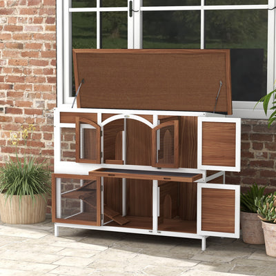 PawHut Two-Tier Wooden Pet Hutch with Openable Roof, Slide-Out Tray 