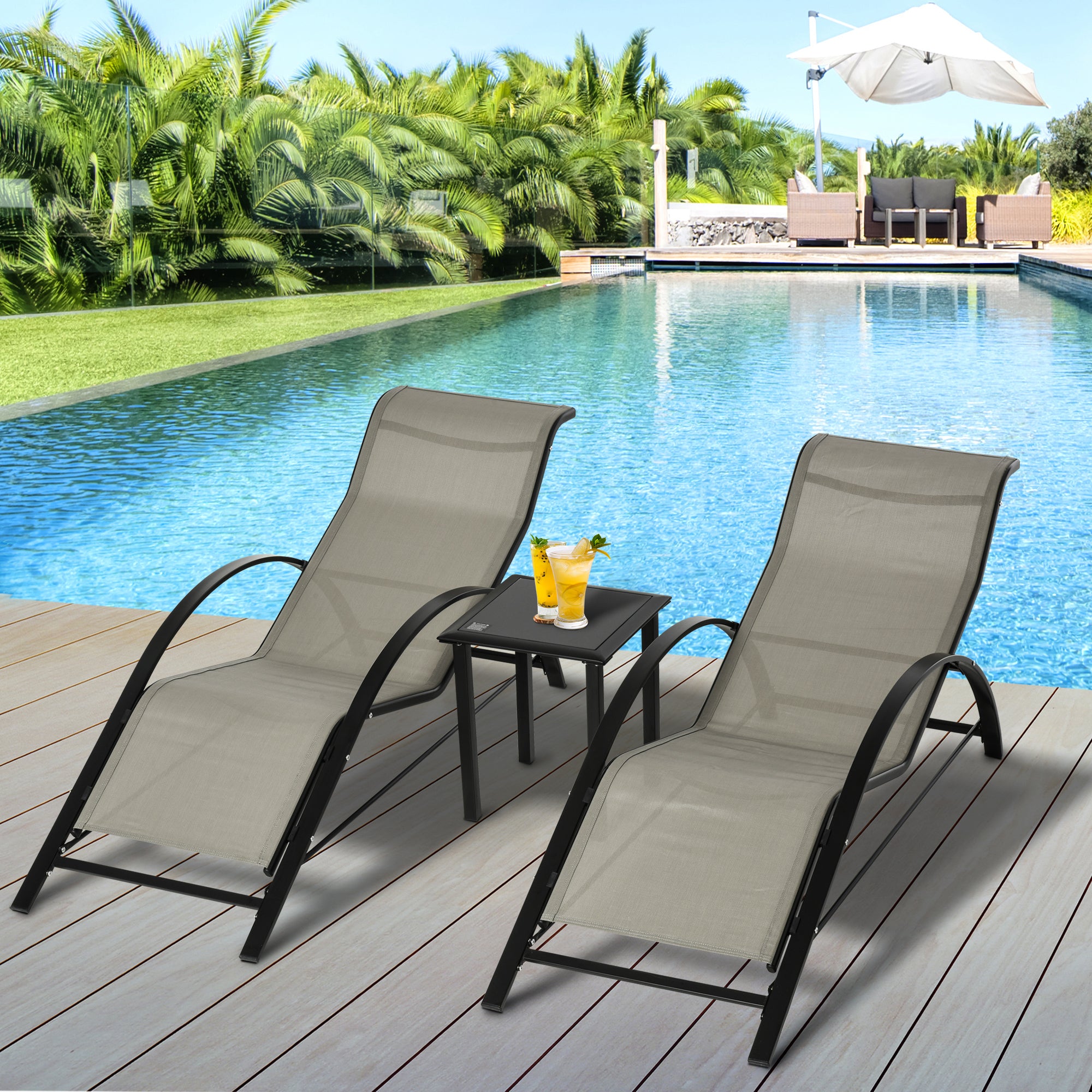Outsunny 3 Pieces Sun Lounger Chair Set, Metal Frame Garden Outdoor Sunbathing Chair with Side Table and Armrest, Grey 