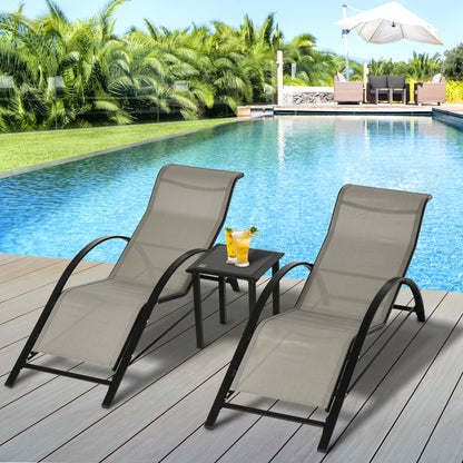 Outsunny 3 Pieces Sun Lounger Chair Set, Metal Frame Garden Outdoor Sunbathing Chair with Side Table and Armrest, Grey 