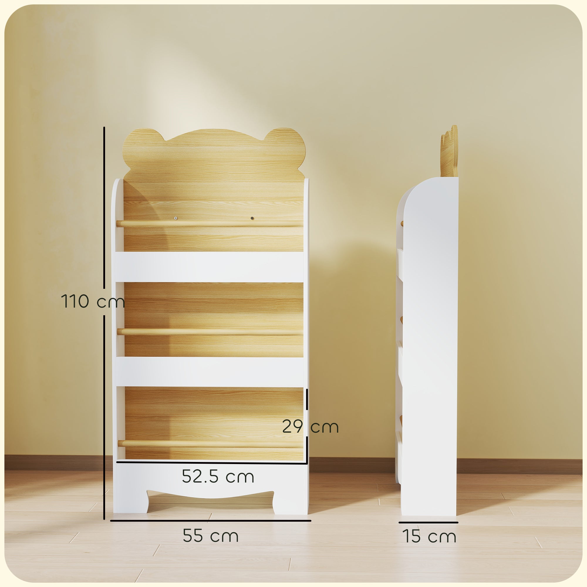 AIYAPLAY Kids Bookshelf, 3 Tier Children Bookcase, Bear Theme Toddler Space-Saving Bookcase for Living Room, White 