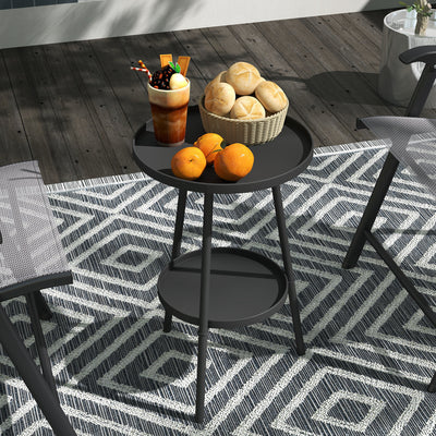 Outsunny Round Garden Table, 2-Tier Small Side Table, Metal Patio Table Coffee Table Dining Table for Porch Deck Balcony, Black 