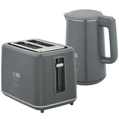 HOMCOM Digital Kettle and Toaster Set, 1.5L 3000W Fast Boil Kettle, 2 Slice Toaster Kitchen Set with 7 Level Browning Controls, Defrost, Reheat, Keep Warm, Crumb Tray and LED Touch Display, Grey 