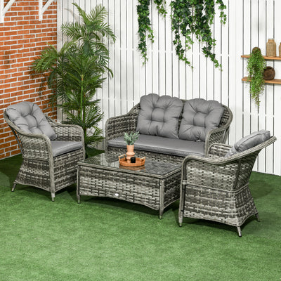 Outsunny Four-Piece Rattan Sofa Set, with Glass-Top Table - Mixed Grey 