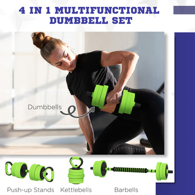 SPORTNOW 20kg Four-In-One Adjustable Weight Dumbbells Set, Barbell, Kettlebell, Push Up Stand - Green 
