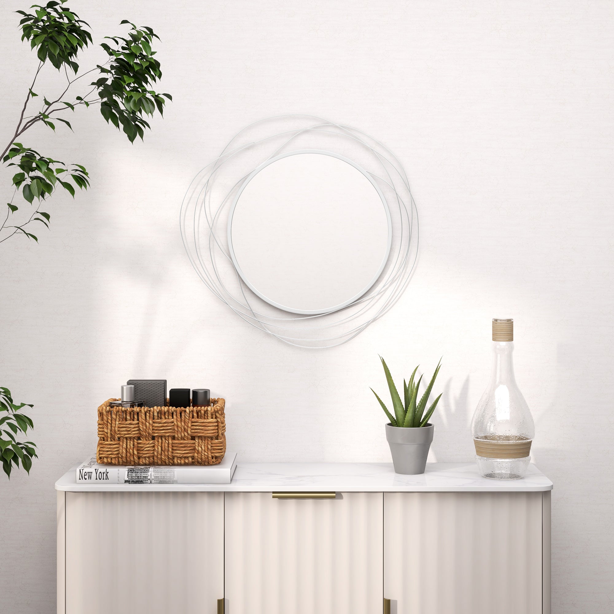 HOMCOM Abstract Metal Wire Wall Mirror, with Accessories - Silver 