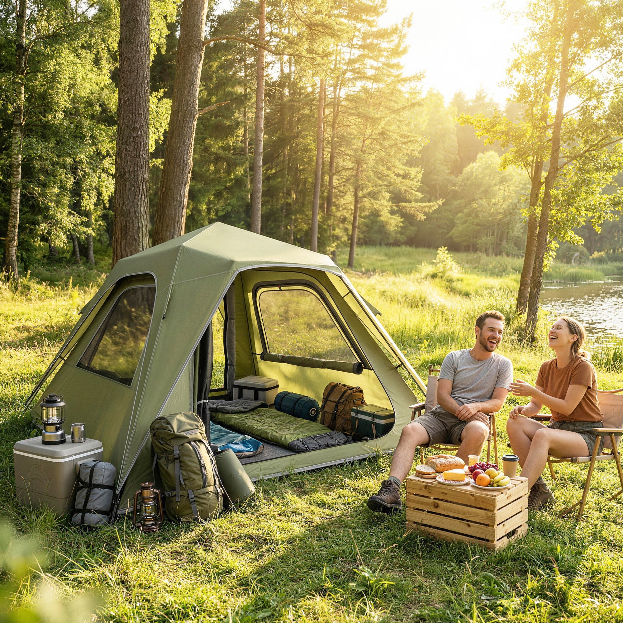 Outsunny Pop Up Tent 3000mm Waterproof Camping Tents with Mesh Windows 2-3 People Green 