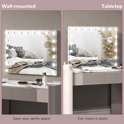 HOMCOM Hollywood Vanity Mirror with Lights, Large 80x62 cm Lighted Makeup Mirror with 3 Colour, 18 LED Bulbs, 10X Magnifying, USB Charging Port, Touch Screen, Tabletop or Wall Mounted Design, White 