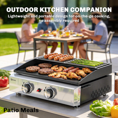 Outsunny 2 Burner Grill Griddle, Portable Gas Plancha with Warming Rack, 5 kW, Tabletop Gas BBQ with Grease Cup, Black 
