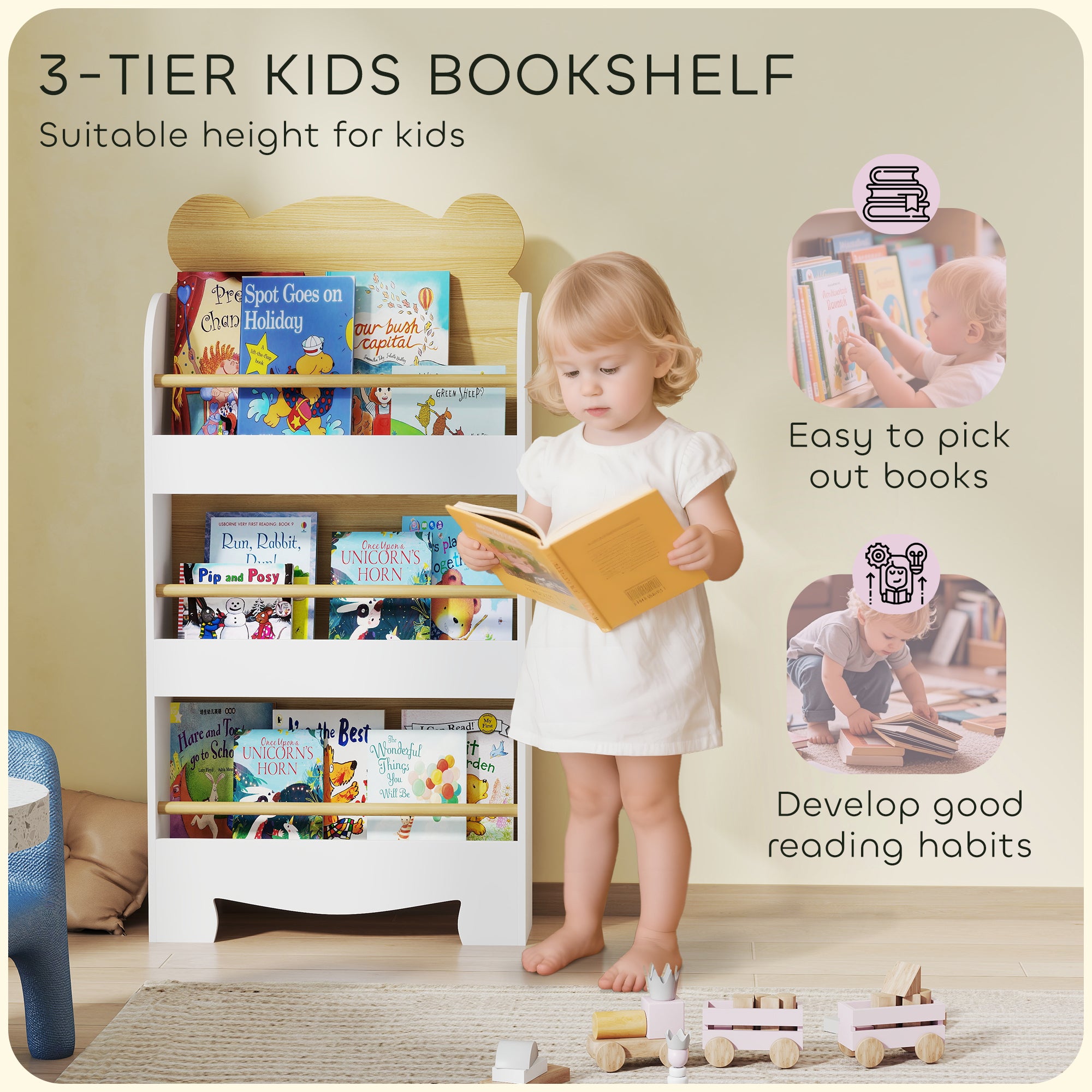 AIYAPLAY Kids Bookshelf, 3 Tier Children Bookcase, Bear Theme Toddler Space-Saving Bookcase for Living Room, White 