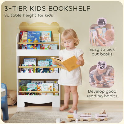 AIYAPLAY Kids Bookshelf, 3 Tier Children Bookcase, Bear Theme Toddler Space-Saving Bookcase for Living Room, White 