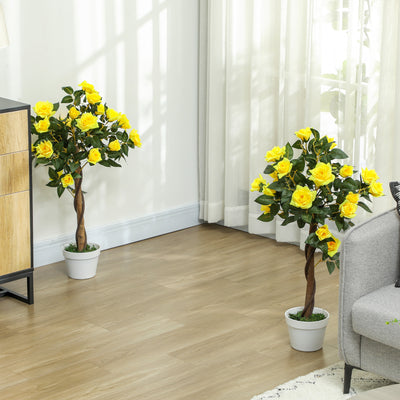 Outsunny Set of 2 Artificial Plants White Rose Floral in Pot, Fake Plants for Home Indoor Outdoor Decor, 90cm, Yellow 